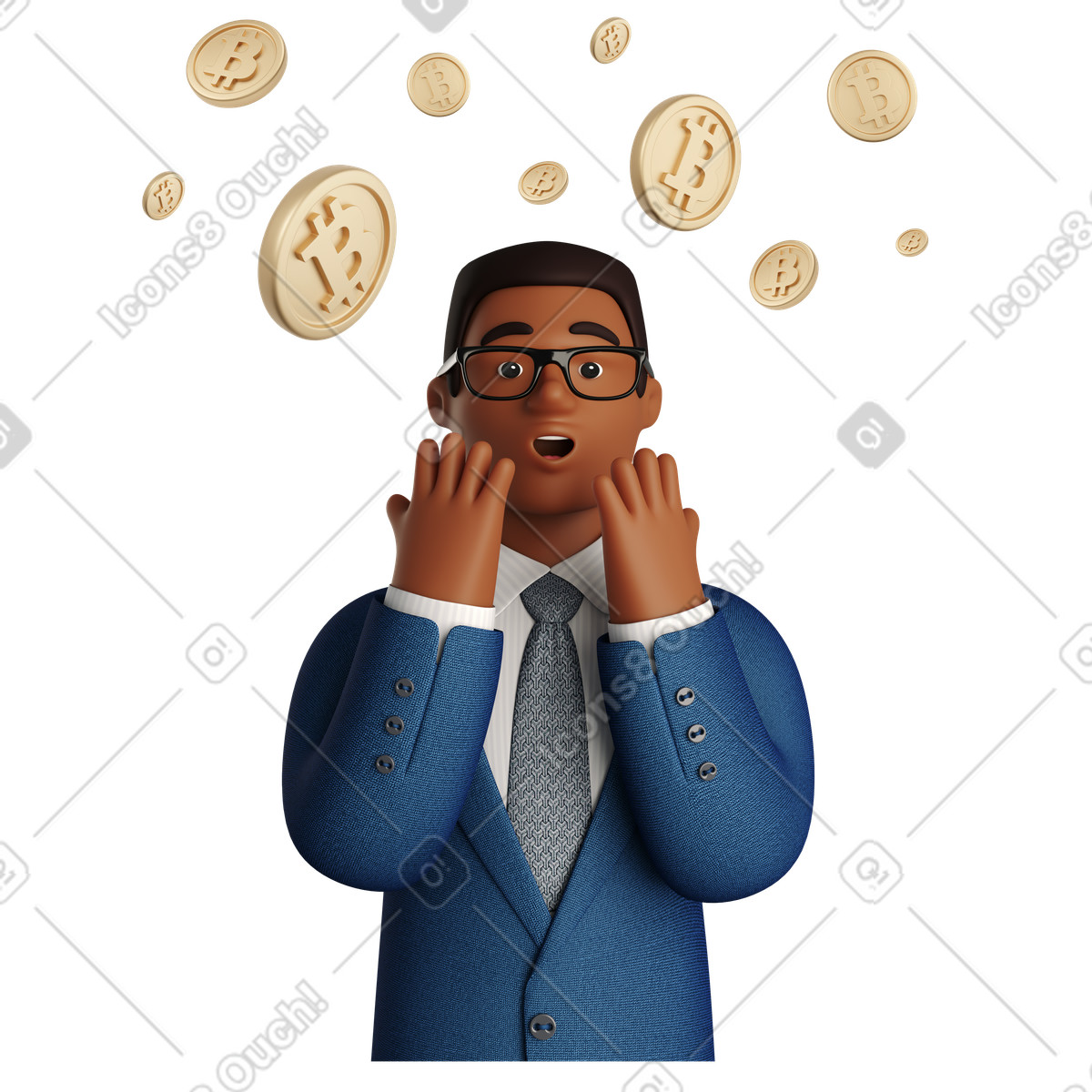 Uomo sorpreso sotto la pioggia di bitcoin illustrazione in stile 3D Business scarica in PNG, SVG