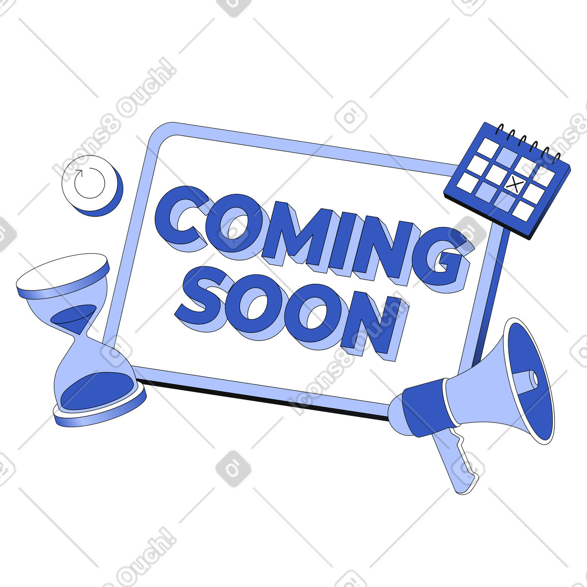 Lettering Coming Soon with megaphone, hourglass and calendar text illustration in Techny style download in PNG, SVG