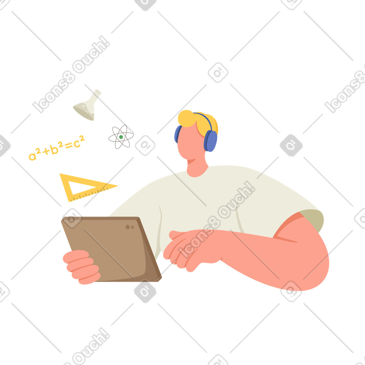 Social スタイルの タブレットを使ってオンラインで学習する学生 のイラストをPNG、SVG形式でダウンロード