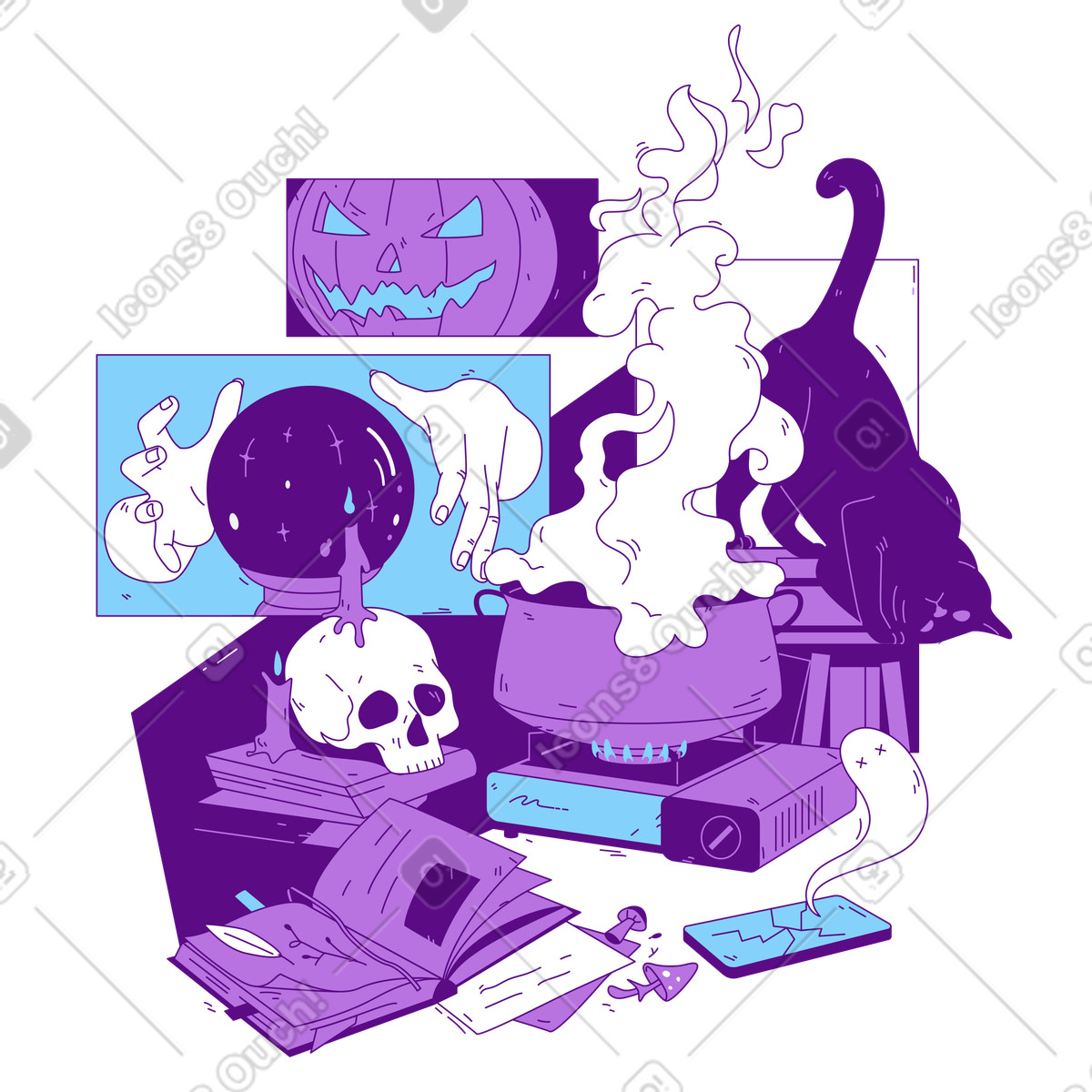 Halloween items and witchy atmosphere animated illustration in Storyline style download in GIF, Lottie (JSON), AE
