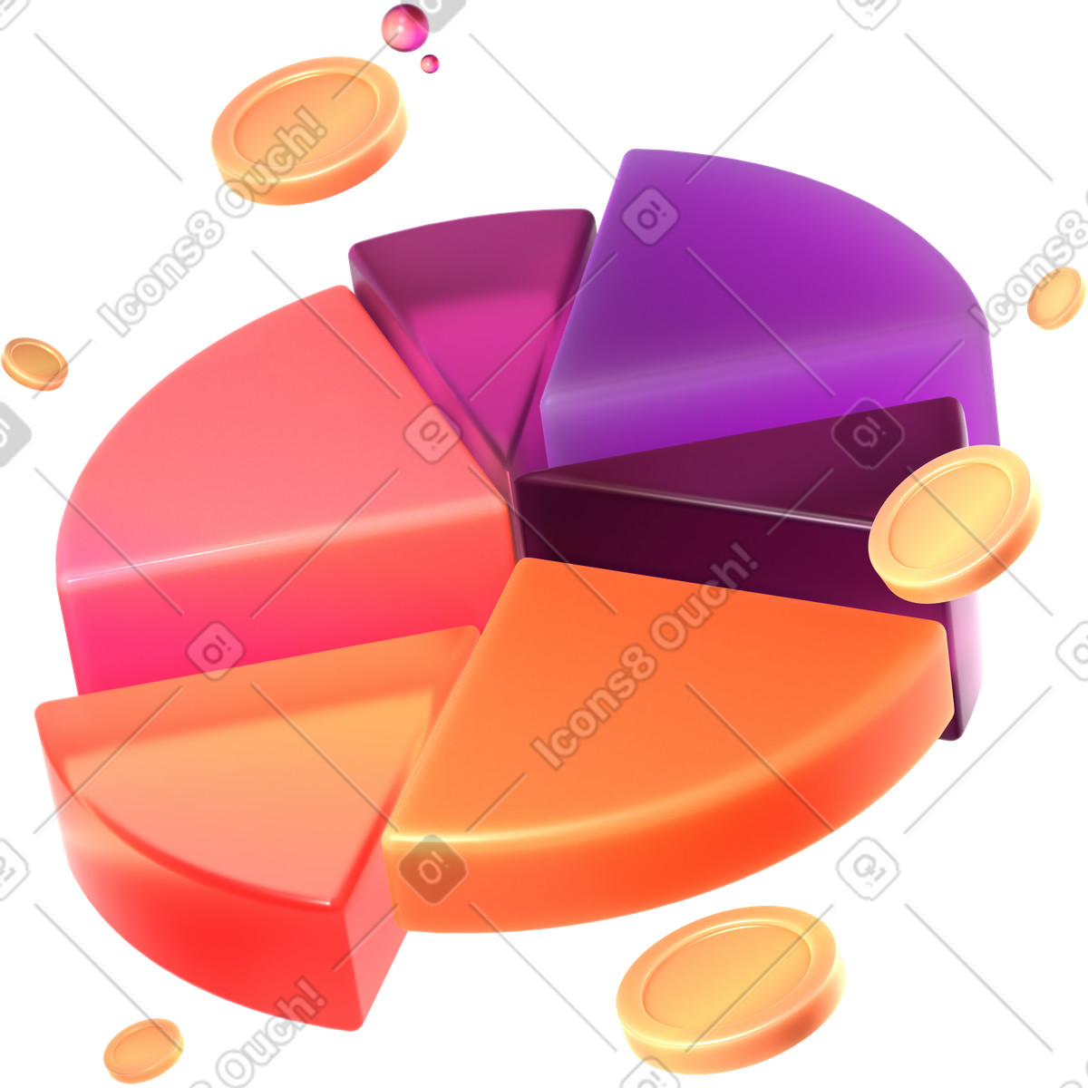 Ilustración Gráfico circular flotante y monedas en estilo 3D Glassy a descargar en PNG SVG