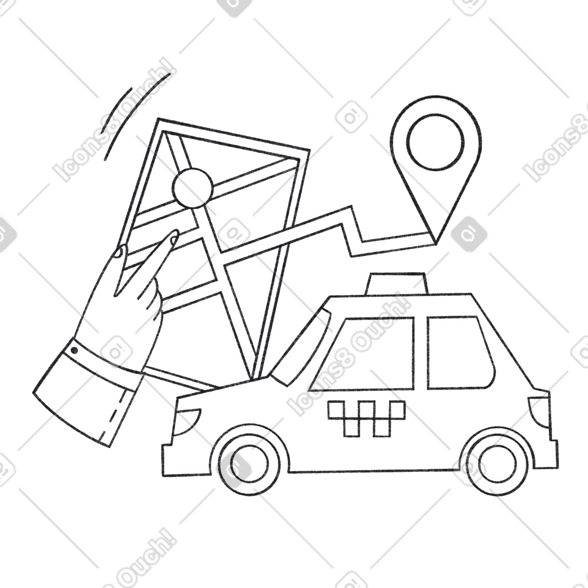 Ordering taxi via mobile app, urban travel and online booking illustrazione in stile Bonbon Line scarica in PNG, SVG