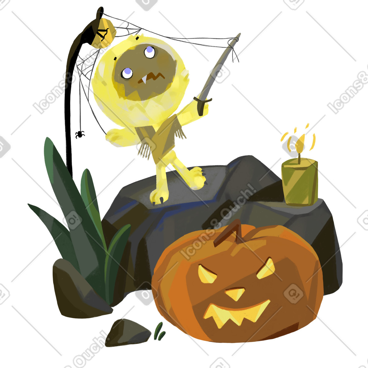 Ilustración Carving jack o'lantern, Halloween preparation or spooky holiday en estilo Atomic a descargar en PNG y SVG