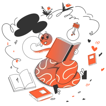 A character reading a book surrounded by floating pages - Crayon style illustration