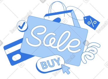 Lettering Sale with bank card and shopping bag PNG, SVG