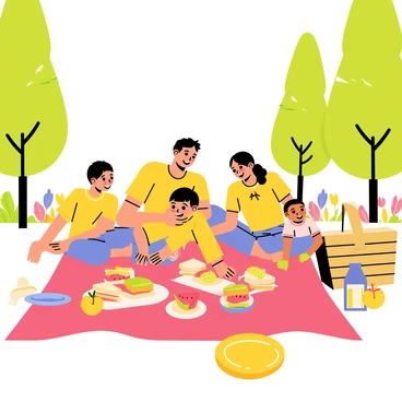 A family of four sitting on a red picnic blanket in a sunny park. The parents are smiling while the children, a boy and a girl, are excitedly reaching for a spread of colorful sandwiches, fresh fruits, and drinks laid out on the blanket. There are slices of watermelon, apples, and a pitcher of lemonade. In the background, tall green trees and colorful flowers create a vibrant scene. A frisbee and a picnic basket are placed nearby, indicating a fun day spent outdoors.