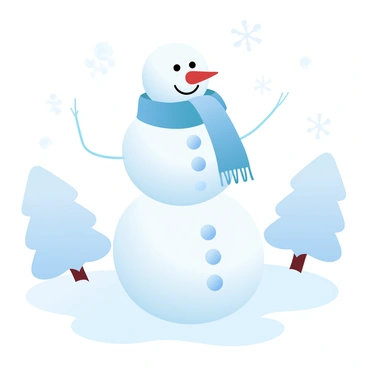 A snowman stands proudly in a snowy landscape, its body made of three large snowballs stacked on top of each other. The snowman is adorned with a "brezel" scarf wrapped around its neck, adding a touch of warmth to the winter scene. "Brezel" buttons are placed down the front of the snowman’s torso, creating a whimsical appearance. In the background, gently falling snowflakes create a soft blanket over the ground, while snow-covered trees frame the scene, completing the winter wonderland atmosphere.