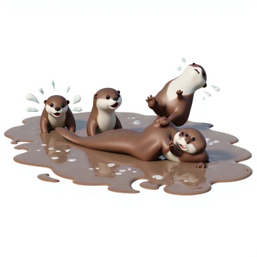 A group of four playful otters, with shiny brown fur, are sliding down a muddy riverbank. The first otter, slightly larger, is mid-slide, its paws outstretched and water droplets flying around. The second otter follows closely behind, its eyes wide with excitement. The third otter, smaller in size, is tumbling playfully, rolling over on its back. The fourth otter is at the top of the riverbank, poised to slide down next. The muddy surface is splattered with water, and the river is visible in the background, reflecting the sunlight.