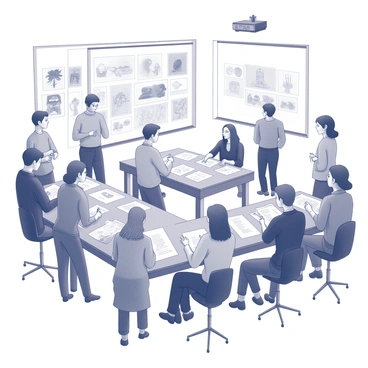 A group of illustrators gathered in a spacious workshop setting. The room is filled with large tables covered with sketchbooks, pencils, and art supplies. Some illustrators are engaged in sketching, while others are discussing their ideas with enthusiasm. A projector displays various illustrations on the wall, providing inspiration. Each participant exhibits a distinct style, with diverse tools and techniques visible among them. The atmosphere is focused and creative, capturing the essence of collaboration and artistic exploration.