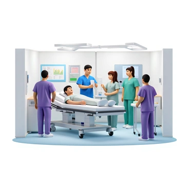 An emergency room scene featuring a medical staff team actively attending to a patient on a stretcher. The room is well-lit with bright overhead lights and equipped with various medical devices. The patient is a middle-aged individual, lying on the stretcher, wearing a hospital gown. Two doctors, one male with short dark hair wearing blue scrubs and one female with long brown hair in a ponytail wearing green scrubs, are focused on the patient, checking vital signs and discussing treatment. A nurse, dressed in purple scrubs, is preparing medical supplies on a nearby cart. In the background, medical charts and monitors display important patient information.