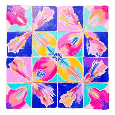 A tiled floor design features an intricate arrangement of "dragon fruit" patterns. Each tile showcases a detailed illustration of the fruit, with its unique shape and textured skin. The color palette includes alternating "vibrant" hues such as bright pink, lush green, and deep purple, creating a dynamic visual contrast across the surface. The layout is symmetrical, enhancing the overall aesthetic appeal of the design. Each tile is bordered with a thin white line, which adds definition to the patterns and emphasizes their vivid colors.