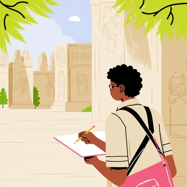 An artist with curly black hair, wearing a light brown shirt and carrying a sketchbook, is deeply focused on sketching intricate carvings on a stone wall of an ancient temple. The temple is adorned with detailed sculptures of mythical creatures and historical figures. Sunlight filters through the trees, casting dappled shadows on the ground. In the background, various stone pillars and weathered statues are visible, showcasing the rich history of the site. The artist's pencil moves swiftly across the page as they capture the beauty of the carvings.