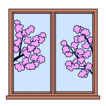 A large picture window with a wooden frame. Through the window, cherry blossom trees are in full bloom, showcasing clusters of pink flowers. The branches of the trees are spread wide, filled with delicate blossoms. The sky outside is clear and blue, providing a bright backdrop to the vibrant pink flowers. The window glass reflects gentle light, enhancing the colors of the blossoms outside.