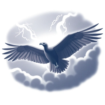 A turkey vulture is soaring through the sky, its wings fully extended and feathers clearly defined. The bird's silhouette contrasts sharply against the background of dark, swirling clouds. Lightning can be seen streaking through the sky, illuminating the scene with brief flashes of light. The overall atmosphere is tense, with strong winds suggested by the vulture's positioning and the movement of the clouds around it. The composition captures the dynamic interplay between the vulture and the ominous sky.