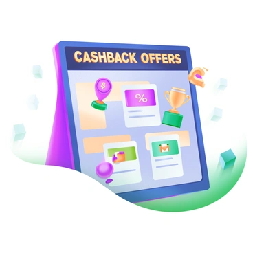 A reward board displaying the words "Cashback Offers" at the top in bold, gold letters. The board is filled with colorful pins resembling trophies, each representing a different cashback offer. There are icons such as a percentage symbol, a dollar sign, and a shopping bag attached to the pins. The background is light and features subtle patterns to enhance the visual appeal while keeping the focus on the offers.