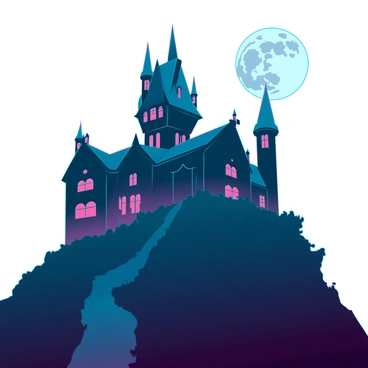 A dark, imposing mansion perched atop a hill, with intricate architectural features such as pointed turrets and elaborate window frames. The mansion has glowing windows that emit an eerie, warm light, contrasting with the shadowy exterior. In the background, a full moon hangs low in the sky, illuminating the scene with a silvery glow and casting long shadows across the hill. The surrounding landscape is shrouded in darkness, adding to the mansion's enigmatic presence.