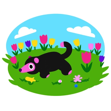 A small niffler with shiny black fur is frolicking in a vibrant field filled with various blooming flowers in spring. The flowers are in shades of pink, yellow, and purple, with petals swaying gently in the breeze. The niffler has its snout buried into the grass, and its eyes are wide with excitement as it discovers shiny objects hidden among the flowers. In the background, a bright blue sky is visible with a few fluffy white clouds scattered throughout. The scene captures the playful nature of the niffler amidst the colorful blossoms.
