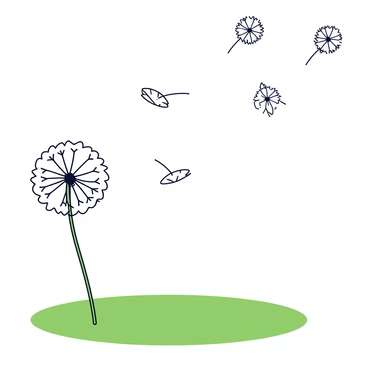 A cluster of dandelion seeds is being carried away by a gentle breeze. The seeds are white and fluffy, with delicate structures that catch the light as they float. The background features a soft green field, emphasizing the natural setting. Some seeds are drifting high while others are closer to the ground, creating a sense of movement in the scene.
