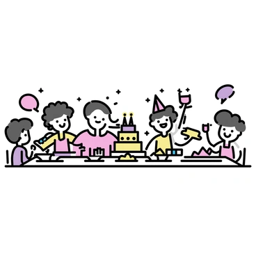 A long banquet table is set, adorned with an array of unusual, colorful foods such as vibrant fruits, assorted pastries, and exotic dishes. At the table, several joyful characters are seated, each wearing festive attire. A man in a red shirt is laughing while raising a glass filled with a bright drink. A woman with curly hair is wearing a colorful dress and smiling as she serves food. A child with a party hat is reaching for a large, rainbow-colored cake in the center of the table. Decorative elements such as balloons and streamers add to the celebration ambiance.