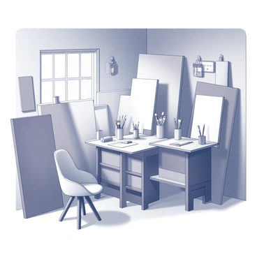 An artist's workspace located in a garage. The scene features various canvases stacked against the wall in different sizes, some are propped up and others are leaning against a workbench. Several tubes of paint are scattered across the surface of the bench alongside brushes of different shapes and sizes. There is a comfortable chair positioned nearby, suggesting a place for the artist to relax while contemplating their work. The garage has tools hanging from pegboards, contributing to the creative environment. Natural light streams in through a small window, illuminating the space and highlighting the textures of the materials.
