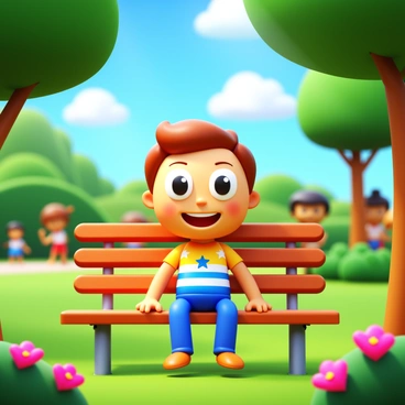 Convert a portrait of a person sitting in a park into a colorful illustration with exaggerated features