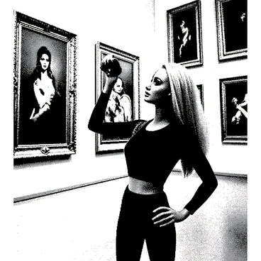A Barbie doll with long blonde hair, dressed in a fashionable outfit, is standing in an art museum. She has a stylish camera in hand, raised to her eye as she admires a famous painting on the wall. The museum interior features large, open spaces with tall ceilings, showcasing various artworks in ornate frames. Other artworks, including sculptures and photographs, are displayed throughout the gallery. The lighting is bright, highlighting the details of the pieces and casting soft shadows on the polished wooden floor. Barbie's expression reflects curiosity and delight as she explores the art around her.