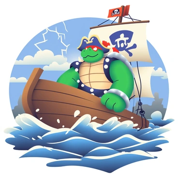 A large, imposing Bowser, with green skin and spikes along his shell, is depicted as a pirate captain. He is standing confidently at the helm of a ship, wearing a weathered tricorn hat adorned with a skull and crossbones. His fierce expression showcases his determination as he navigates through turbulent, stormy seas. Dark clouds loom overhead, and lightning flashes in the sky, casting dramatic shadows on the deck. Waves crash against the sides of the ship, sending splashes of water into the air. In the background, tattered sails billow in the wind, while distant silhouettes of rocky islands can be seen. The ship is detailed with wooden planks and a Jolly Roger flag fluttering prominently.