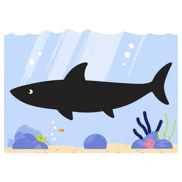 A large, dark shadow of a shark is gliding smoothly over the ocean floor. The ocean floor is covered with sandy textures and scattered rocks. Tiny fish are darting in and out of coral formations nearby. Sunlight filters down from the surface, casting shimmering patterns in the water above the shadow. Bubbles rise gently from the movement of the shark, adding to the tranquil underwater scene.