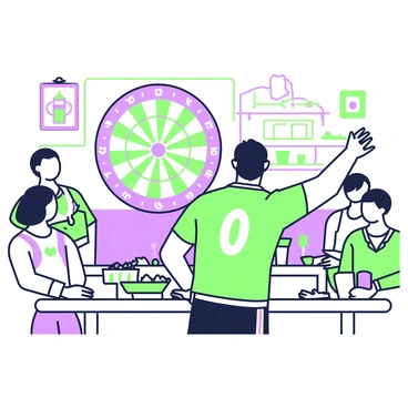 A focused dart player stands at the forefront of a lively pub, preparing to take a shot. The player has short hair and is wearing a fitted jersey with a number on the back. Their right arm is extended back, holding a dart, while their left hand is slightly raised for balance. In the background, a dartboard is clearly visible, featuring a circular design with various scoring sections. Surrounding the dart player are several wooden tables occupied by patrons, some laughing and others watching the game intently. On one table, there are drinks and snack bowls. The walls of the pub are adorned with decorative elements, including framed pictures and shelves holding various items.