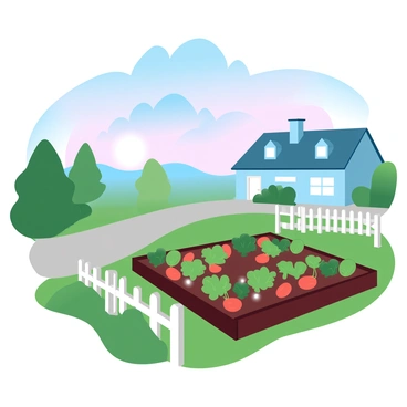 A suburban home with a well-manicured lawn is adorned with solar lights illuminating a charming vegetable garden. The garden features rows of vibrant vegetables, including tomatoes, carrots, and leafy greens, all neatly arranged in rich, dark soil. The sky is transitioning to dusk, showcasing gradient pastel colors as the sun sets in the background. The solar lights cast a soft glow over the garden, highlighting the greenery and creating a warm atmosphere around the home. A white picket fence surrounds the garden, enhancing the overall charm of the scene.