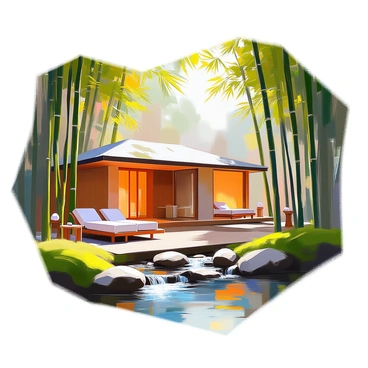 A tranquil spa nestled within a dense bamboo forest, surrounded by tall, slender bamboo stalks swaying gently in the breeze. The spa building features wooden architecture that blends harmoniously with the natural surroundings. Nearby, a clear natural stream flows, its water sparkling under the dappled sunlight. Stones are arranged along the stream's edge, and soft green moss blankets the area, adding to the serene atmosphere. A few lounge chairs and a wooden deck provide a relaxing space for visitors to unwind, while the sounds of water and rustling leaves create a peaceful ambiance.