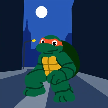 A ninja turtle dressed in a dark green, masked outfit, stealthily patrolling the city streets at night. The turtle is crouched low, blending into the shadows as he moves cautiously between tall buildings. The moon shines brightly above, casting a silver glow over the scene and illuminating the turtle's shell. The streets are damp from recent rain, reflecting the moonlight and creating a glistening effect. Streetlights flicker in the distance, adding to the nighttime atmosphere. The turtle's eyes are focused and alert, ready for any potential threats.