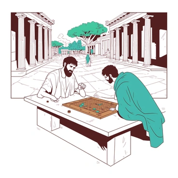 Two philosophers are seated on a marble bench in a Greek agora, surrounded by ancient columns and statues. One philosopher, dressed in a white tunic, is intently focusing on a wooden game board placed between them, which is filled with intricate pieces. The second philosopher, wearing a teal cloak, is leaning forward in anticipation, his hand raised to make a strategic move. Sunlight filters through the columns, casting soft shadows on the ground. In the background, a few citizens are walking by, and olive trees are scattered throughout the agora.