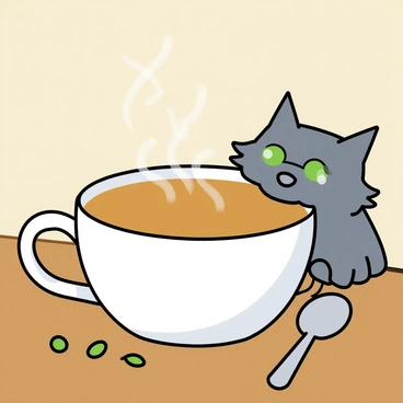 A fluffy gray cat with bright green eyes is curiously peeking into a large white cup filled with steaming tea. The cup is perched on a wooden table, and wisps of steam rise from the surface of the tea. The cat's whiskers twitch as it leans closer, its ears perked up in interest. Surrounding the cup are a few scattered tea leaves and a small silver teaspoon resting on the table. The scene conveys a cozy atmosphere, with soft afternoon light illuminating the cat and the cup.