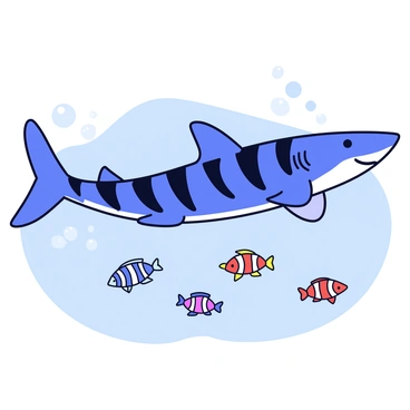 A tiger shark with distinctive dark stripes gliding through the clear blue ocean water. The shark has a streamlined body and sharp fins cutting through the water smoothly. In front of the shark, a school of small, colorful fish is swimming closely together. The fish have bright scales reflecting light as they move in unison. Bubbles are rising from the shark's movement, creating a sense of motion in the scene.