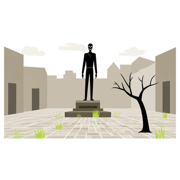 A deserted town square with cobblestone streets and crumbling buildings surrounding it. In the center of the square stands a tall, unsettling statue of a figure with exaggerated features and an unnatural pose. The statue is made of dark stone and has an eerie expression on its face. Weeds and grass are growing through the cracks in the pavement, and a lone, withered tree is positioned to one side of the square. The sky above is overcast, casting a grey light over the scene, enhancing the feeling of abandonment.