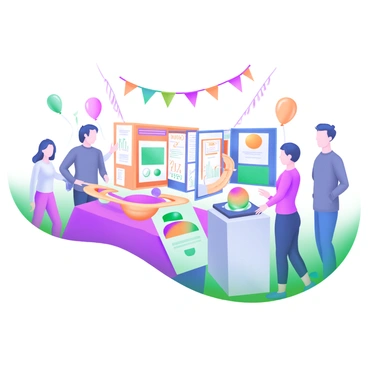 A school fair scene featuring students presenting their science projects. Each student stands proudly by their colorful display, showcasing various projects. One student has a vibrant poster board filled with diagrams and graphs, while another presents a small model of the solar system made of bright, painted balls. Decorations like balloons and streamers hang in the background, adding to the festive atmosphere. Parents and other students walk around, admiring the projects and engaging in discussions. The space is lively, filled with excitement and curiosity.