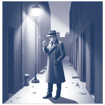 A noir detective stands in a dimly lit alleyway, illuminated by the soft glow of a streetlamp. The detective, dressed in a classic trench coat and fedora, has a serious expression while scanning the shadows for clues. The alley is narrow, with brick walls on either side and scattered debris on the ground. A faint mist shrouds the scene, adding an air of mystery. In the background, the silhouette of a distant building looms, partially obscured by the fog. The detective holds a cigarette in one hand, with wisps of smoke curling upward into the night air.