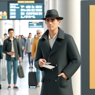 A detective, wearing a dark trench coat and a fedora, stands close to a pillar in a busy train station. The detective has a focused expression, with narrowed eyes as he observes the crowd of passengers moving hurriedly. He holds a notepad in one hand, jotting down notes, while his other hand rests casually in his pocket. Around him, travelers of various ages and backgrounds carry luggage and talk on their phones, creating a lively scene. The station is filled with large informational displays and the sounds of train announcements echo in the background.