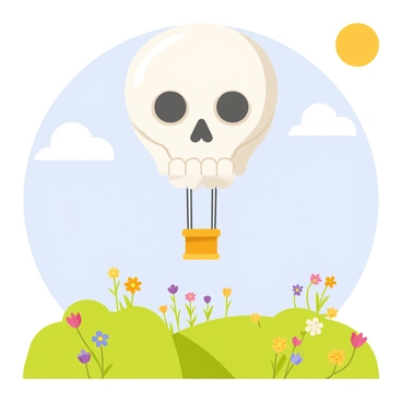 A hot air balloon in the shape of a skull is floating above a vibrant green meadow. The skull balloon is designed with detailed features, including eye sockets and teeth, all in a glossy white color. Below, the meadow is filled with colorful wildflowers in shades of yellow, purple, and pink, dotting the landscape. A clear blue sky can be seen in the background, with fluffy white clouds drifting by. The sun casts a warm glow over the scene, enhancing the cheerful atmosphere of the meadow's natural beauty.