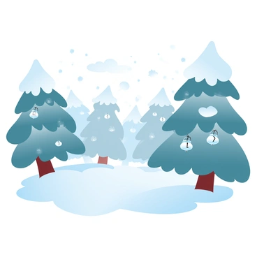 A snowy forest filled with tall pine trees, their branches heavy with a layer of snow. Each tree has "jingle bells" hanging from its branches, glistening in the soft light. The ground is blanketed in fresh, untouched snow, creating a serene landscape. In the background, a gentle snowfall adds to the winter ambiance, with snowflakes softly falling and landing on the branches and ground.