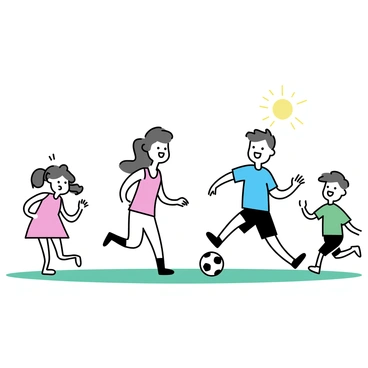 A family of four playing soccer together on a grassy field. The father, wearing a blue t-shirt and black shorts, is kicking the soccer ball. The mother, in a red tank top and white leggings, is laughing as she runs towards the ball. Two children, a girl with pigtails in a pink dress and a boy in a green t-shirt and shorts, are cheering and jumping with excitement. The sun is shining brightly above them, casting soft shadows on the grass.