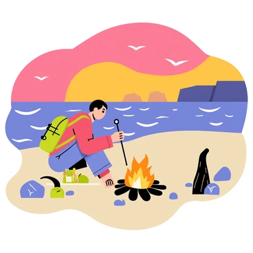A backpacker sitting on a sandy beach, surrounded by scattered rocks and driftwood. The backpacker has a green backpack resting beside them and is roasting marshmallows over a flickering campfire. The sunset casts vibrant orange, pink, and purple hues across the sky, reflecting on the gentle waves of the ocean. Silhouettes of distant cliffs outline the horizon, and a few seagulls are flying overhead, adding to the atmosphere of the serene beach setting.