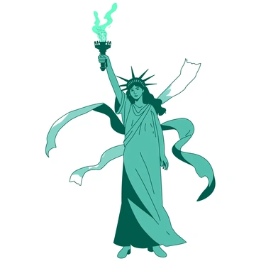 A teal woman stands confidently, holding a radiant torch high above her head. The torch emits bright light, casting a soft glow around her. Flowing white banners trail gracefully behind her, fluttering in an unseen breeze. The woman's attire is elegant and drapes around her in a way that suggests movement and freedom. The expression on her face is one of determination and hope, embodying the essence of liberty.