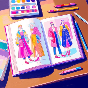 An open fashion illustration book rests on a polished wooden table. The pages are filled with vibrant sketches and designs showcasing various outfits and accessories. Each illustration features bold colors and intricate details, highlighting the creativity of fashion. A few art supplies, including colored pencils and markers, are scattered around the book, and a soft light illuminates the pages, making the colors pop.