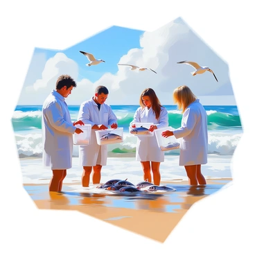 A group of marine biologists stands on a sandy beach, preparing to release several rehabilitated fish back into the ocean. The biologists are wearing blue lab coats and holding the fish in clear plastic containers. The vibrant ocean waves crash gently onto the shore, creating a dynamic backdrop. One biologist, with medium brown skin and curly black hair, carefully lowers a container into the water as another biologist, with light skin and long blonde hair, watches intently nearby. A clear blue sky stretches overhead, punctuated by a few fluffy white clouds, while seagulls can be seen flying in the distance. The scene conveys a sense of care and dedication to marine life.