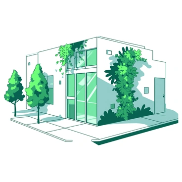 A white building with large glass windows has plants growing vertically on its walls. The plants include various green vines and leafy species, creating a lush, natural appearance. The building is surrounded by a concrete sidewalk and several small trees are planted nearby. The sunlight casts shadows from the plants onto the building’s surface, highlighting the contrast between the white structure and the vivid greenery.