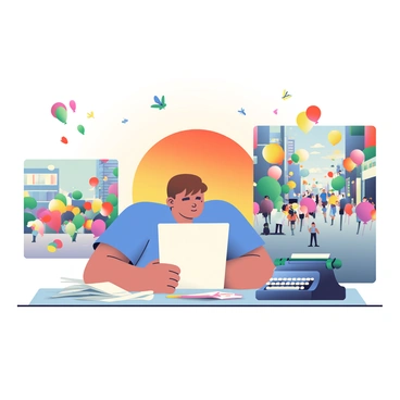 A character looking at a blank page, surrounded by chaotic scenes of inspiration that seem unrelated to art.