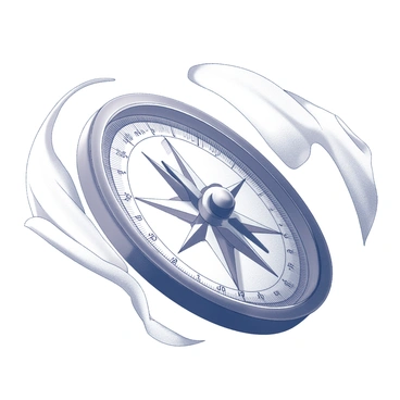 A detailed compass with an intricate design is centered in the image. The compass needle is firmly pointing towards "true north." Surrounding the compass, swirling winds are depicted, creating dynamic movement around it. The design includes directional markers and a circular border that enhances the compass's presence. The winds have a flowing appearance, emphasizing the idea of guidance and direction.