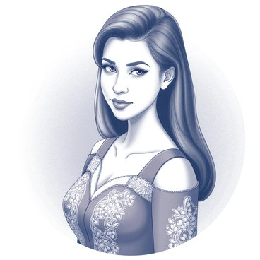 A close-up portrait of a woman wearing a beautifully detailed Filipiniana dress. The dress features intricate embroidery and traditional floral motifs. Her hair is styled elegantly, framing her face. The background has a textured appearance, adding depth to the image. The woman's expression is serene and dignified, emphasizing her cultural heritage.